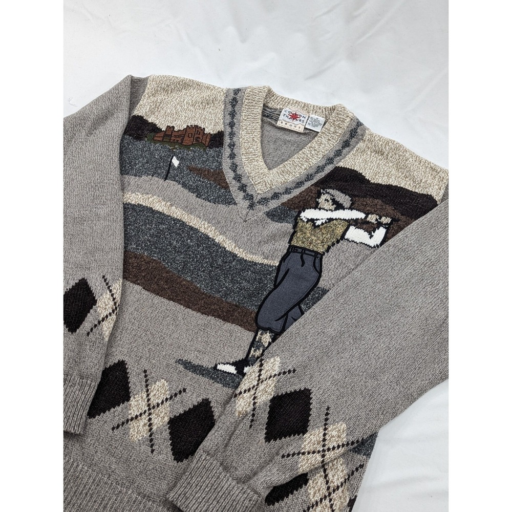 Cotton Traders Knit Sweater Men's M Gray & Beige Golf Embroidered‎ 90s Textured